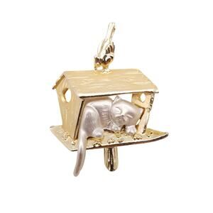 Vintage AJC Brooch Cat In Birdhouse Two Tone Matte Shiny Whimsical Figural